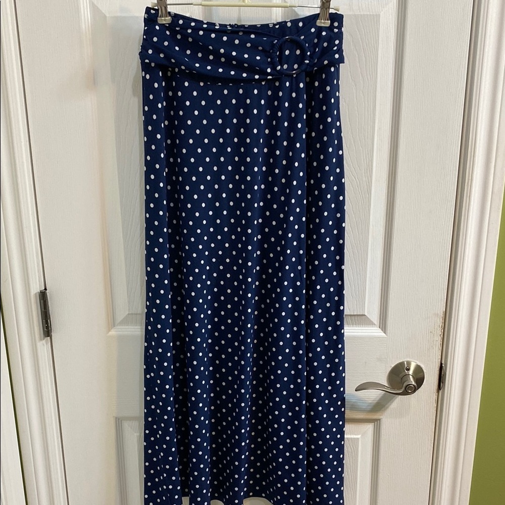 Robert Louis Navy Blue White Polka Dot Maxi Belted Skirt Women’s Size Small Med